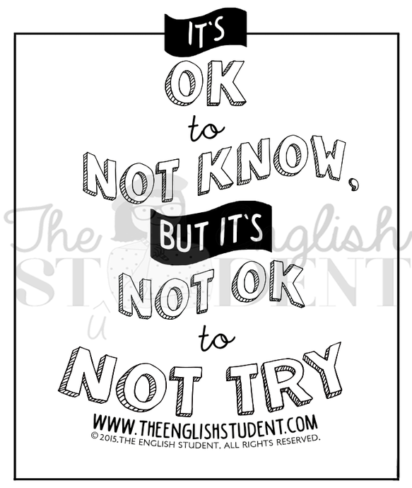 The English Student, www.theenglishstudent, inspirational quotes, quotes on giving up, quotes on trying, ESL teaching resources, best educational blog, It's OK to not know, it's ok to not know, but it's not ok to not try