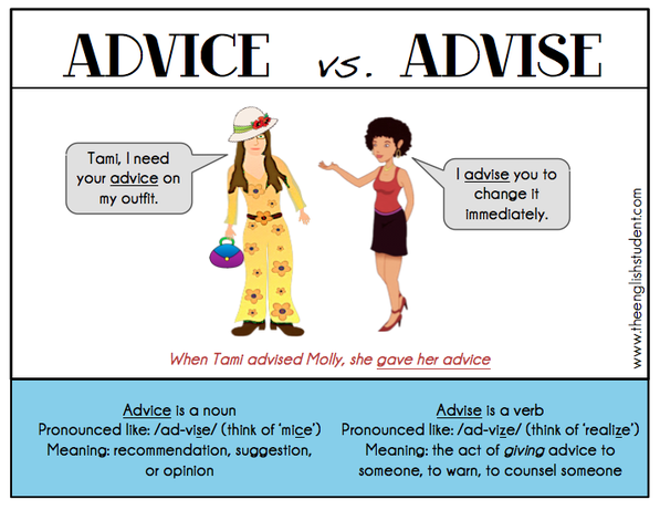 advice or advise, advise versus advice, commonly confused words, ESL confused vocabulary, Is it advice or advise? What's the difference between advice and advise? meaning of advice, meaning of advise, ESL problems, give me advice 